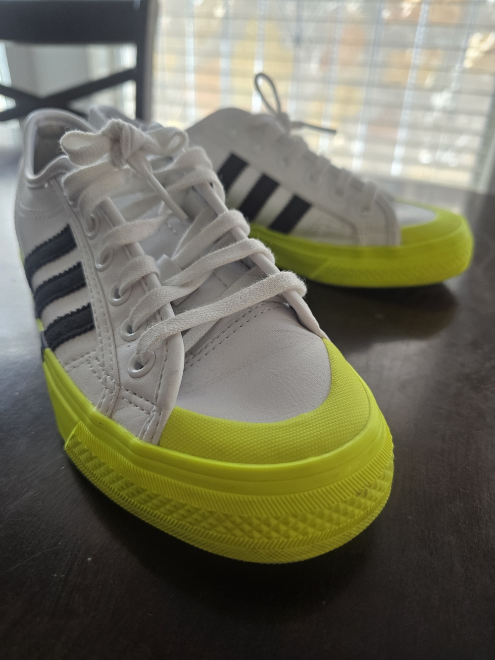 adidas Nizza J "Dip Drip" White  with Neon Yellow Sole and Black Stripes